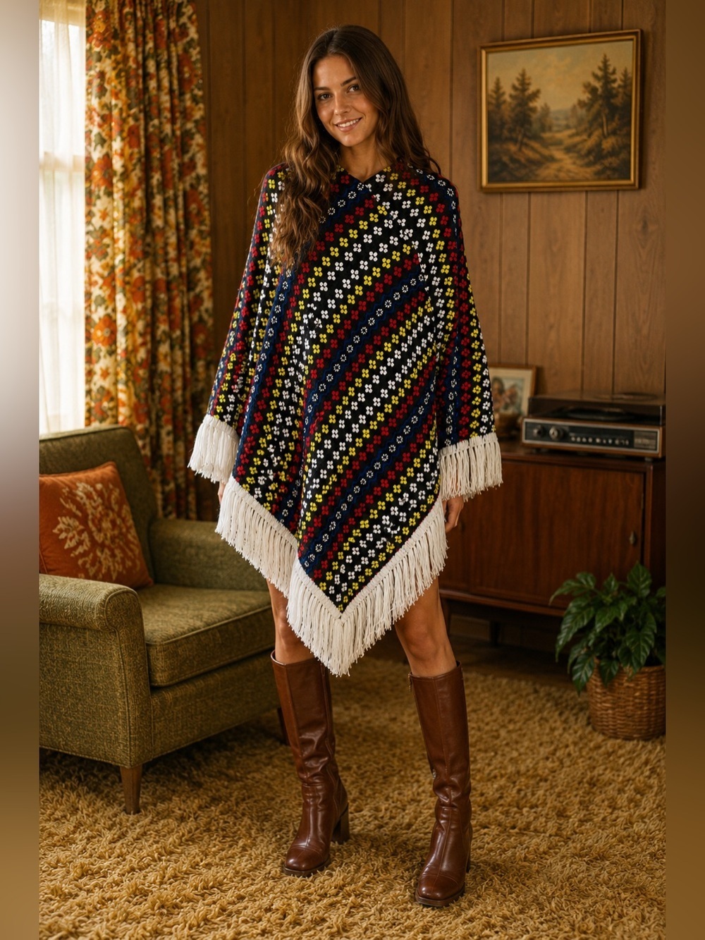 Vintage 1970s Womens Poncho OS Colorful Floral Embroidery Boho Fringe One Sz